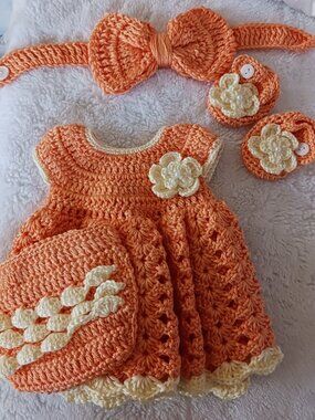 Crochet Baby Girl Peach and Cream Heirloom Dress Set Photo Prop